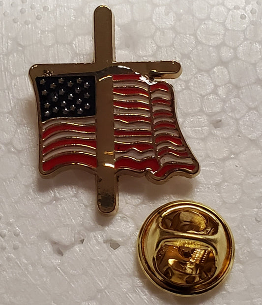 USA American Wavy Gold Christian Cross Lapel Pin