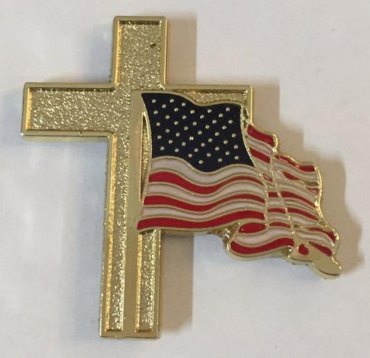 USA Wavy Christian Cross Lapel Pin Large